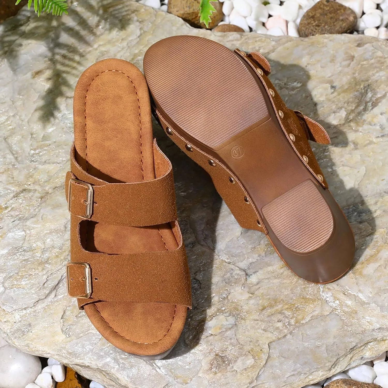 Sandals for Women 2025 Chunky Platform Mules Sandals Slip on Block Heels Square Toe High Heeled Dress Shoes
