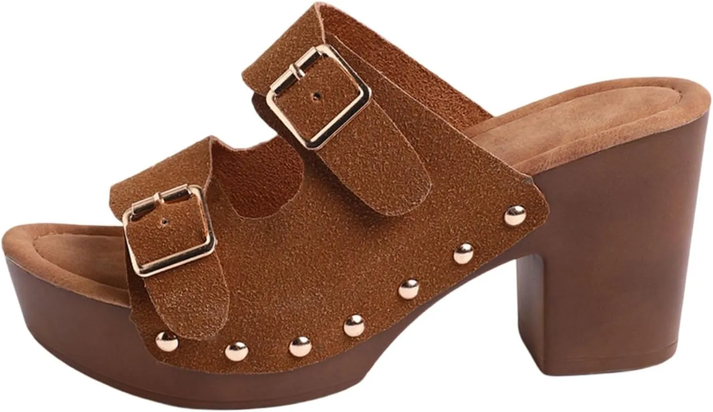 Sandals for Women 2025 Chunky Platform Mules Sandals Slip on Block Heels Square Toe High Heeled Dress Shoes