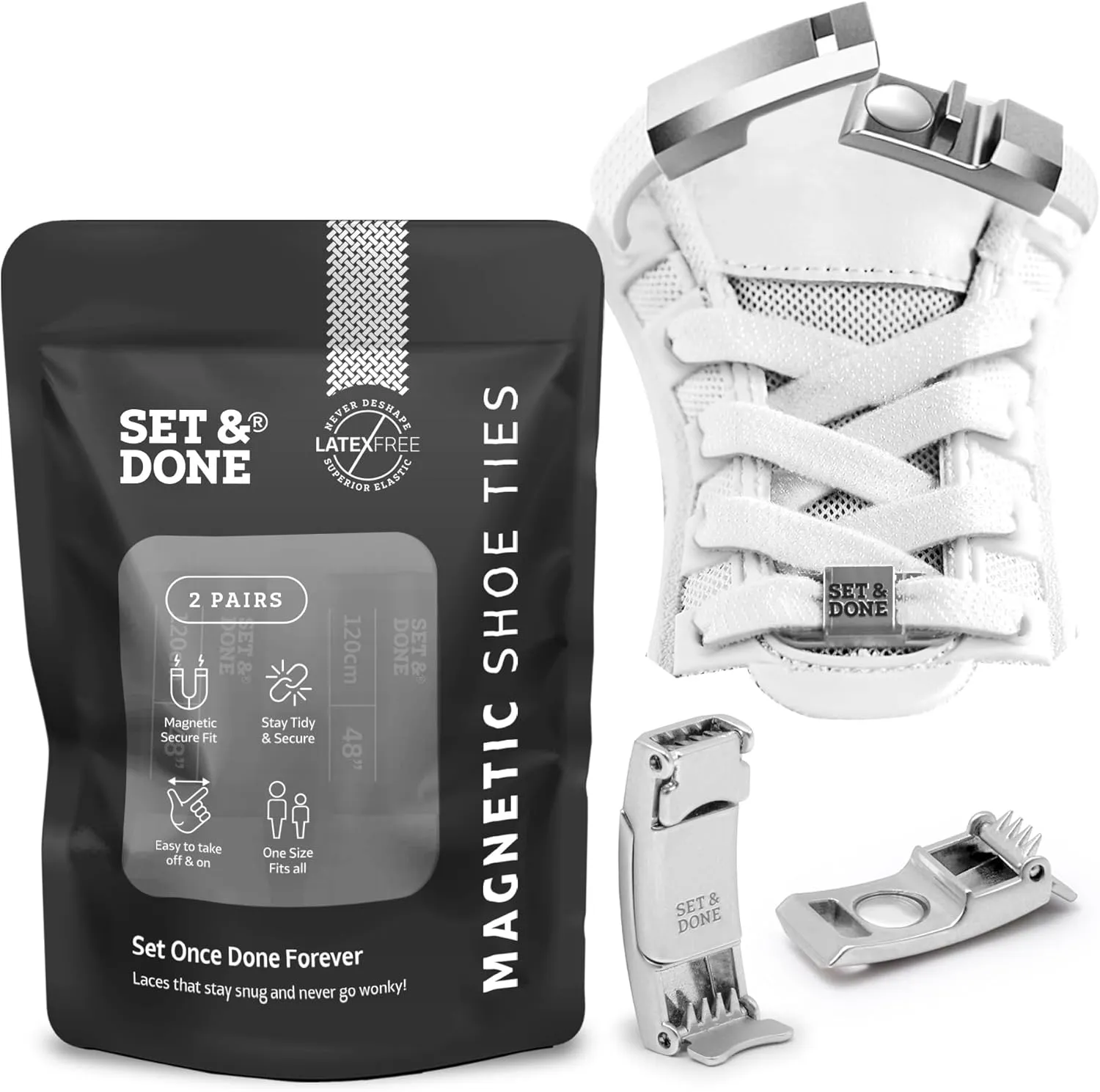 Set & Done 2 Pair Flat Elastic Shoelaces with Magnet Lock - No Tie Shoe Laces for Adults and Kids
