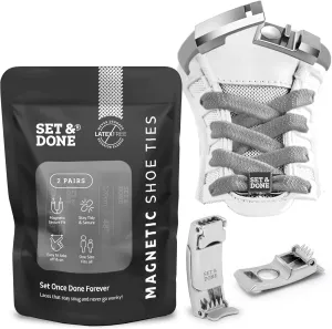 Set & Done 2 Pair Flat Elastic Shoelaces with Magnet Lock - No Tie Shoe Laces for Adults and Kids