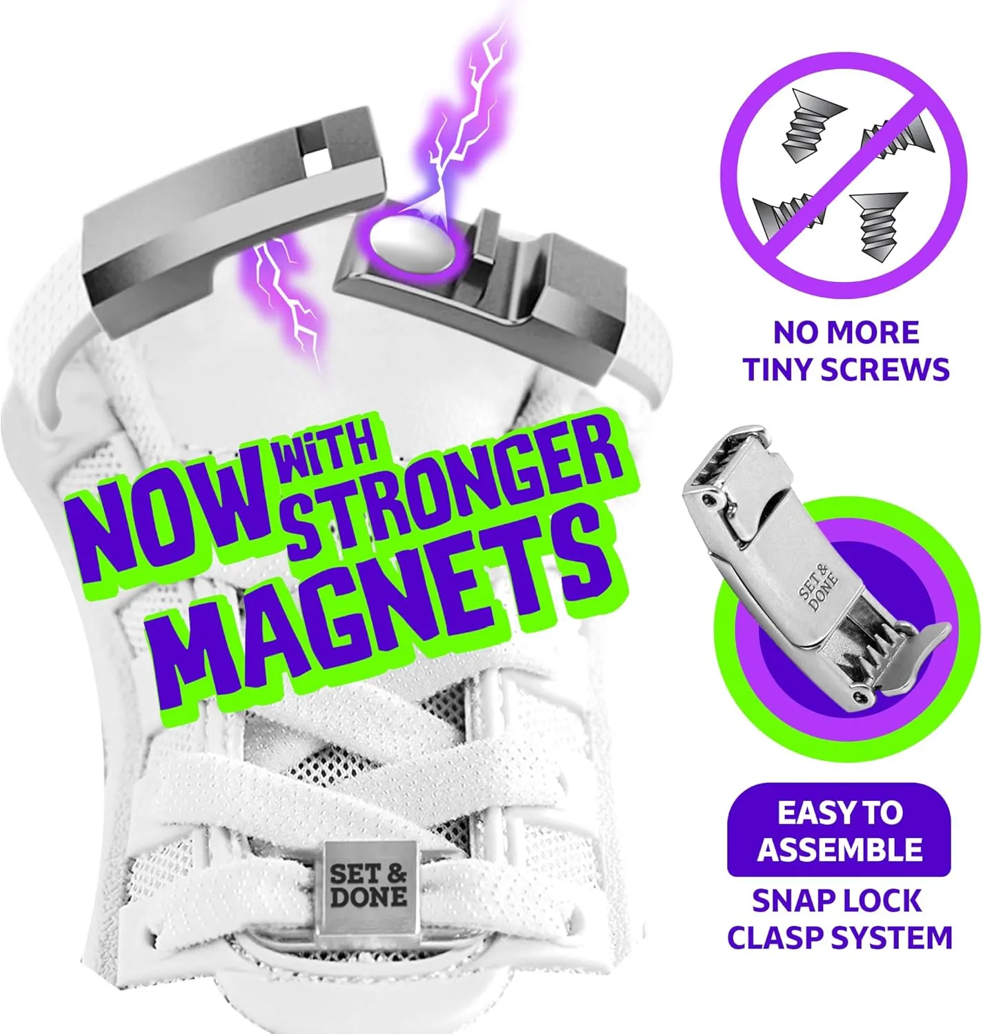 Set & Done 2 Pair Flat Elastic Shoelaces with Magnet Lock - No Tie Shoe Laces for Adults and Kids