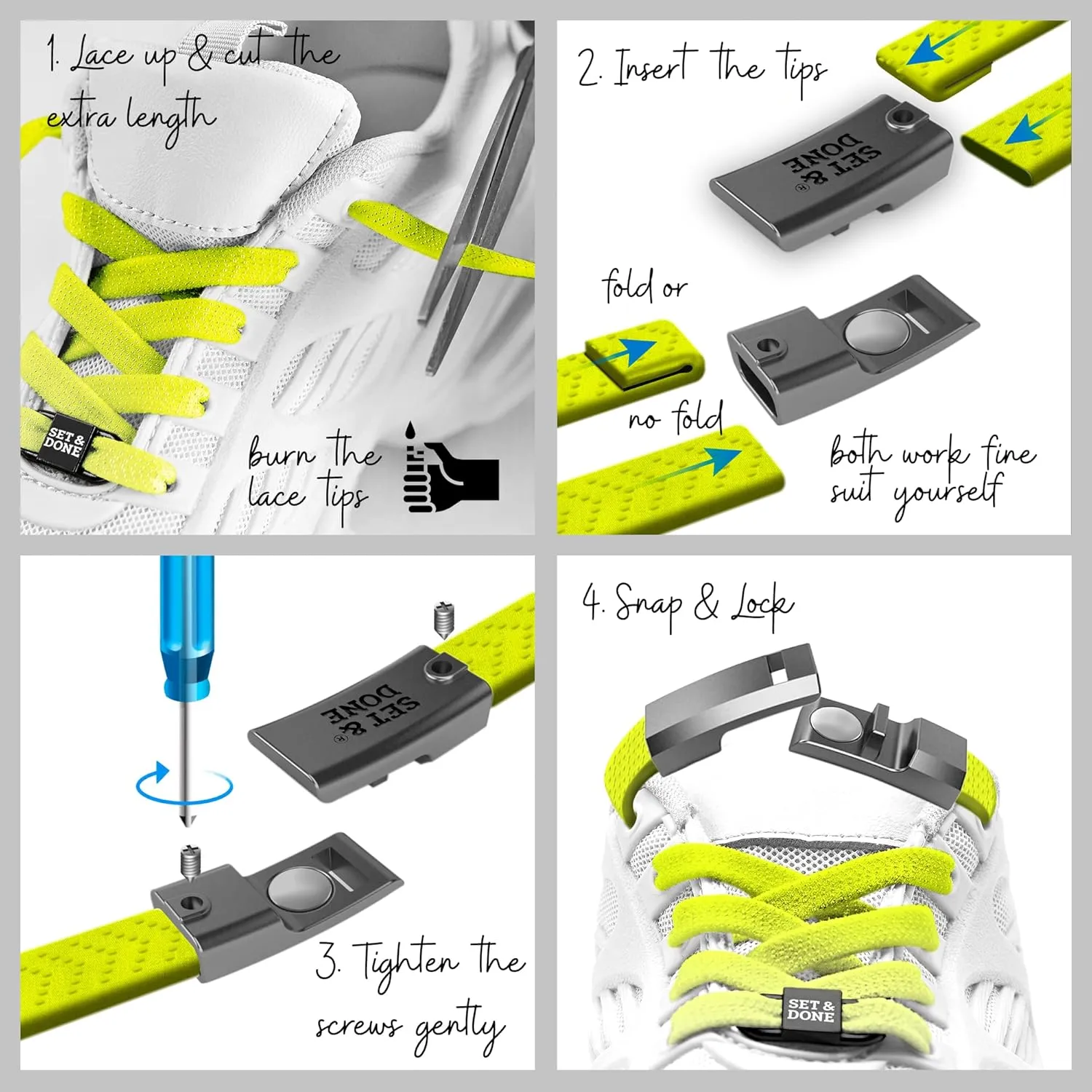 Set & Done 2 Pair Flat Elastic Shoelaces with Magnet Lock - No Tie Shoe Laces for Adults and Kids