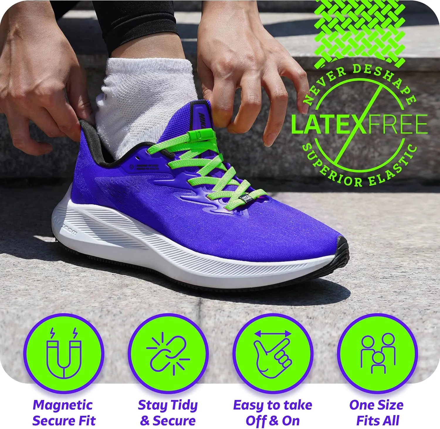 Set & Done 2 Pair Flat Elastic Shoelaces with Magnet Lock - No Tie Shoe Laces for Adults and Kids