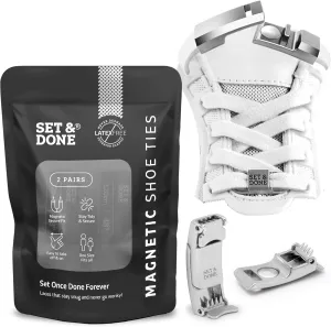 Set & Done 2 Pair Flat Elastic Shoelaces with Magnet Lock - No Tie Shoe Laces for Adults and Kids