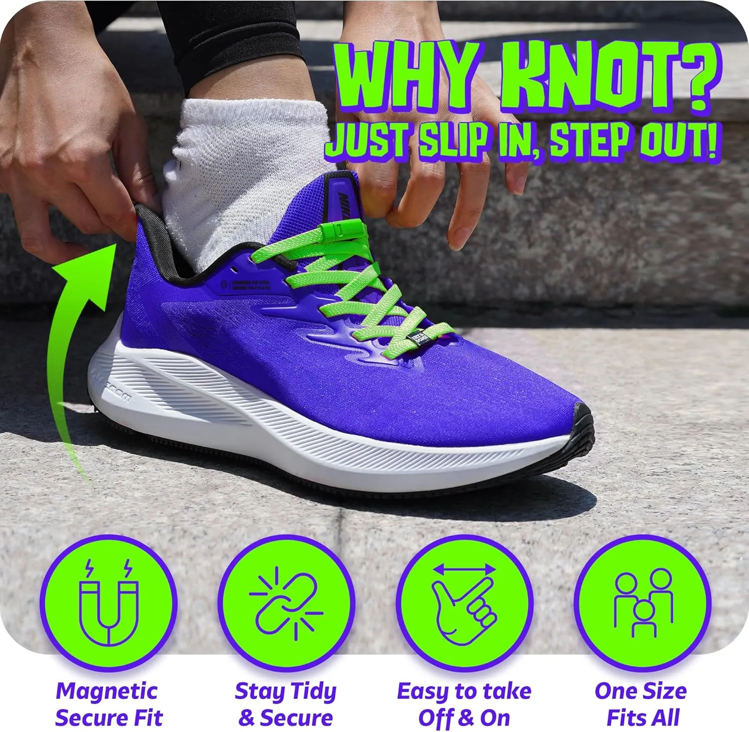 Set & Done 2 Pair Flat Elastic Shoelaces with Magnet Lock - No Tie Shoe Laces for Adults and Kids