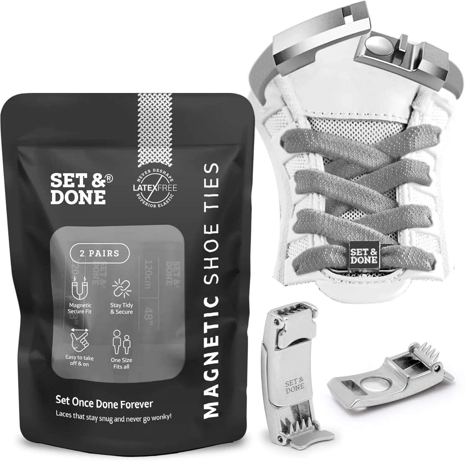 Set & Done 2 Pair Flat Elastic Shoelaces with Magnet Lock - No Tie Shoe Laces for Adults and Kids