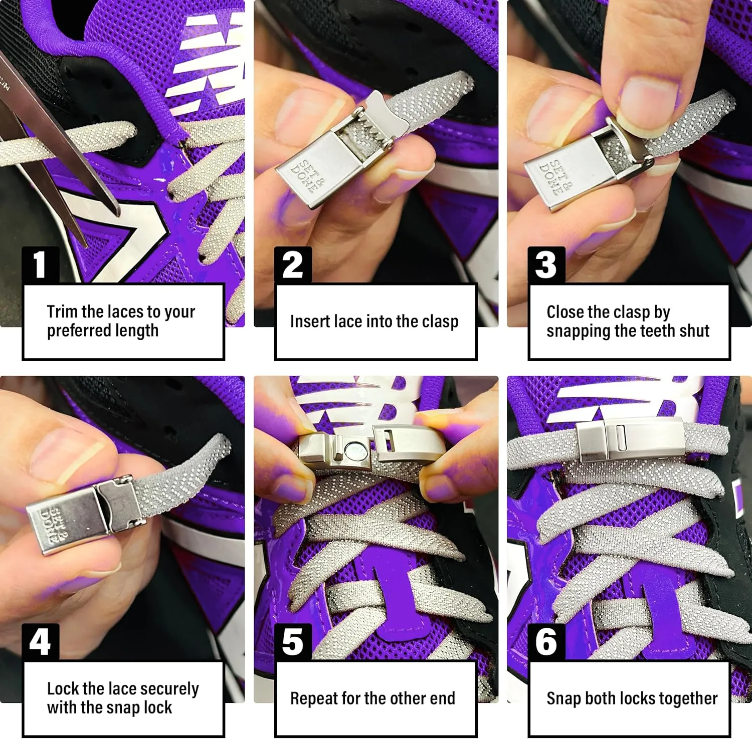 Set & Done 2 Pair Flat Elastic Shoelaces with Magnet Lock - No Tie Shoe Laces for Adults and Kids