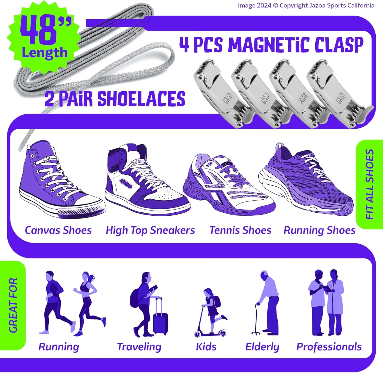 Set & Done 2 Pair Flat Elastic Shoelaces with Magnet Lock - No Tie Shoe Laces for Adults and Kids