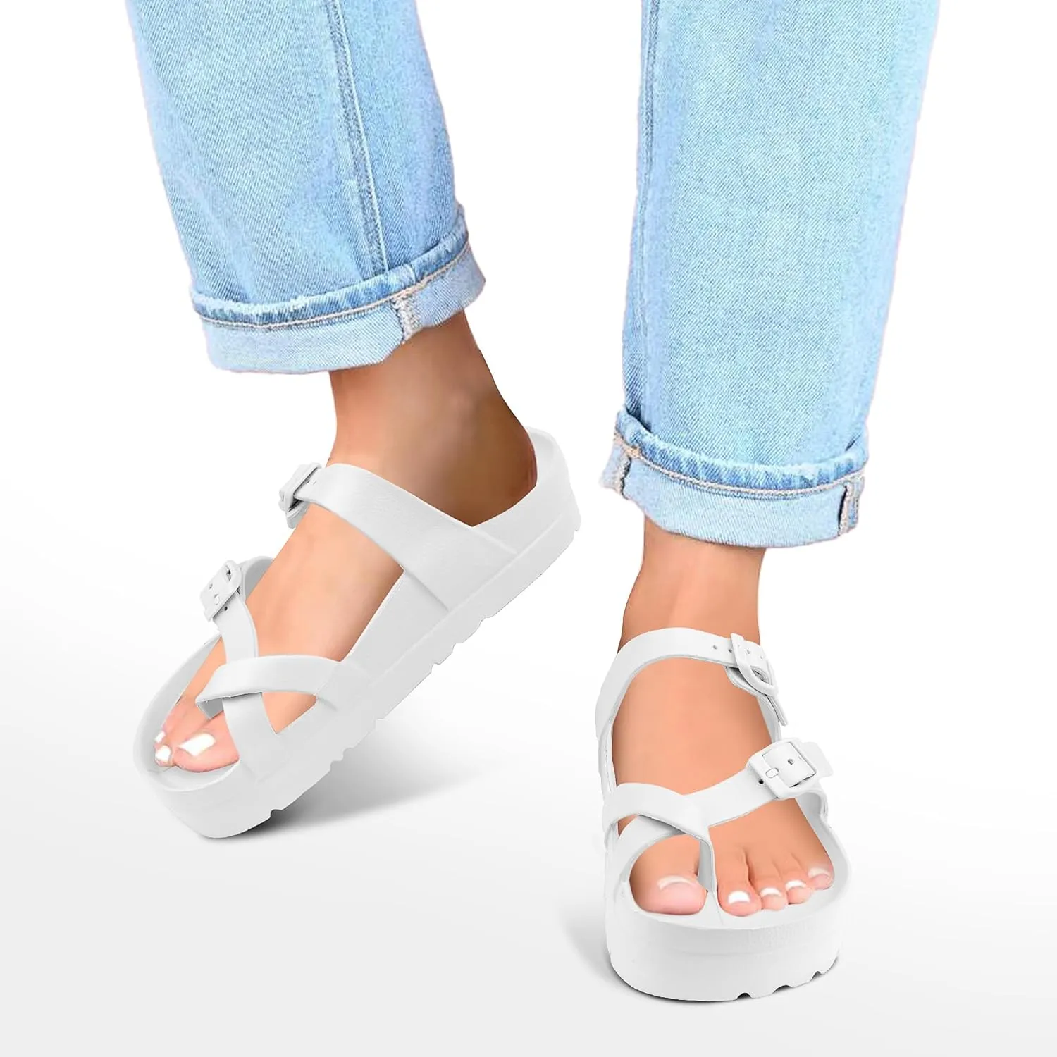 seticeo Women's Platform Flip Flops Sandals with Arch Support, Adjustable Double Buckle Slip on Slides, Summer Lightweight Beach Eva Cushion Flat Sandals