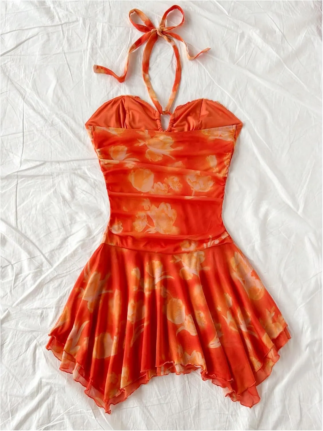 SHENHE Women's Summer Y2k Halter Ruched Fit and Flare Asymmetrical Floral Boho Mini Dress