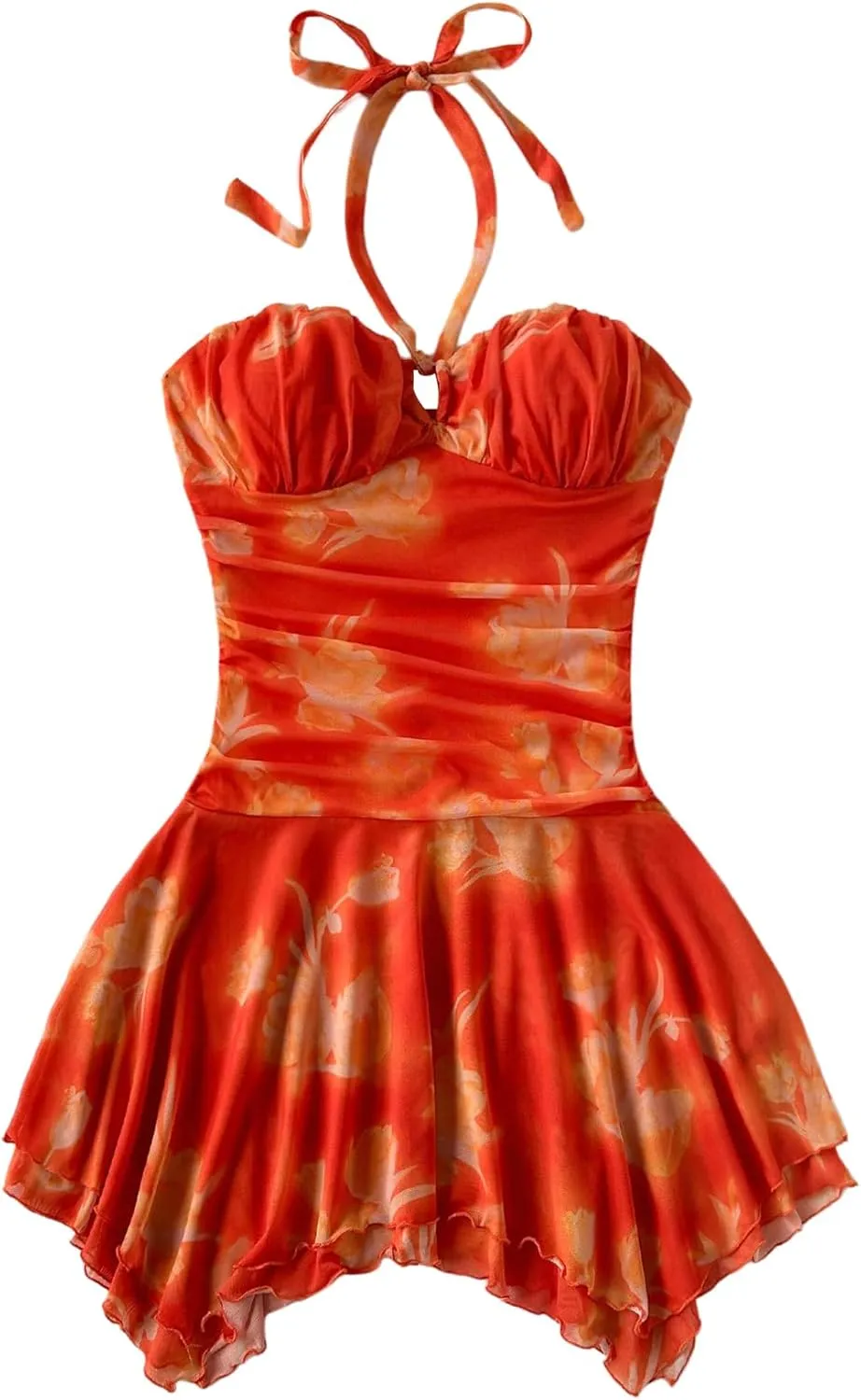 SHENHE Women's Summer Y2k Halter Ruched Fit and Flare Asymmetrical Floral Boho Mini Dress
