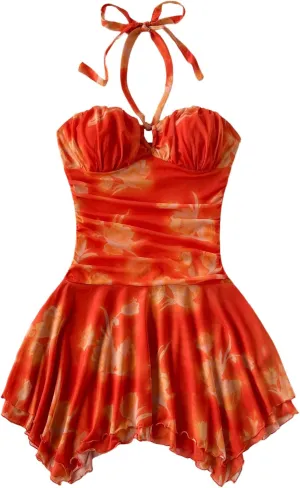 SHENHE Women's Summer Y2k Halter Ruched Fit and Flare Asymmetrical Floral Boho Mini Dress