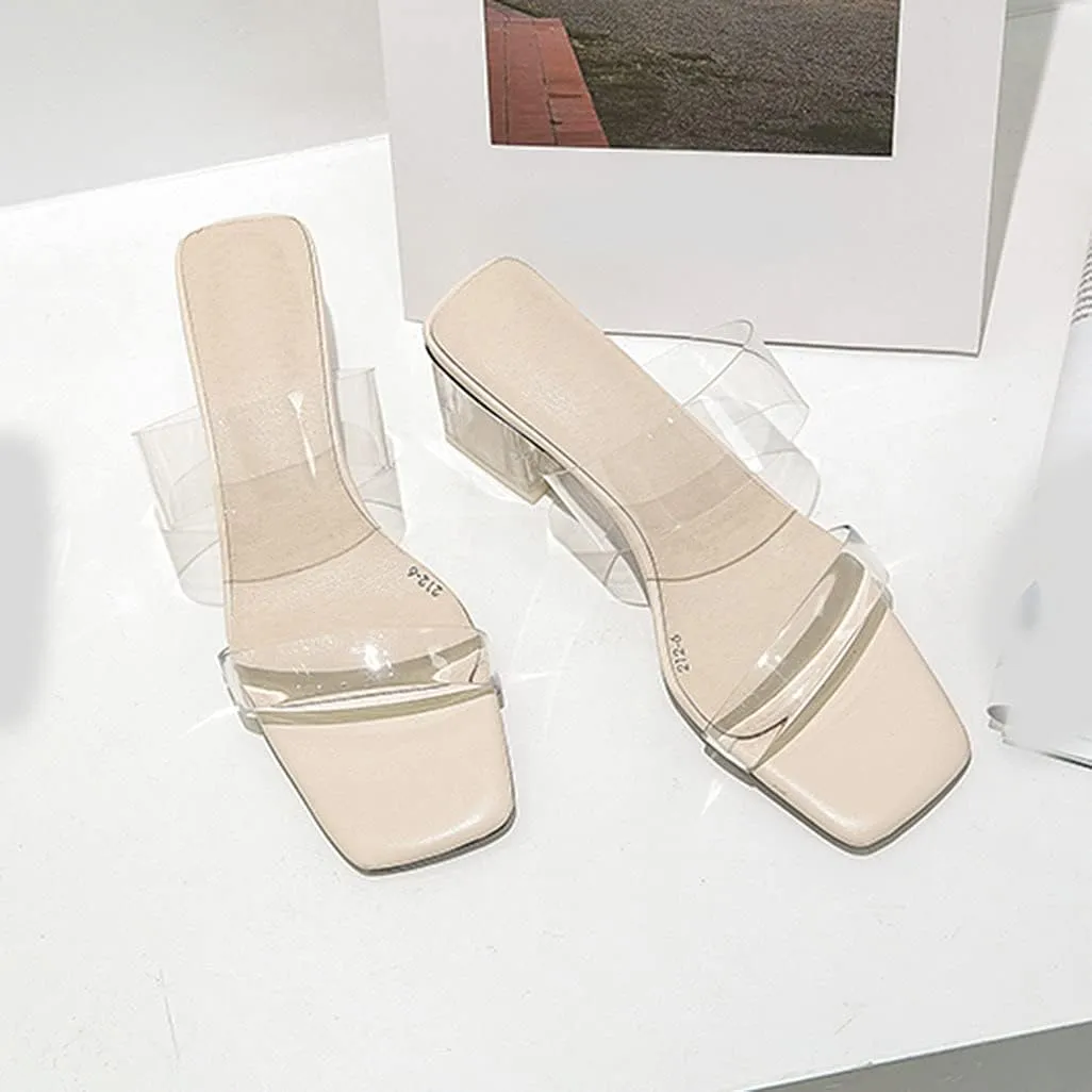 Shinelly Women Transparent Clear Slide Sandals Chunky Heel Mules