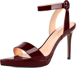 SHOWFOREST Womens Dress Dating Pointed Toe Patent Buckle Ankle Strap Open Toe Solid Stiletto High Heel Heeled Sandals 4 Inch