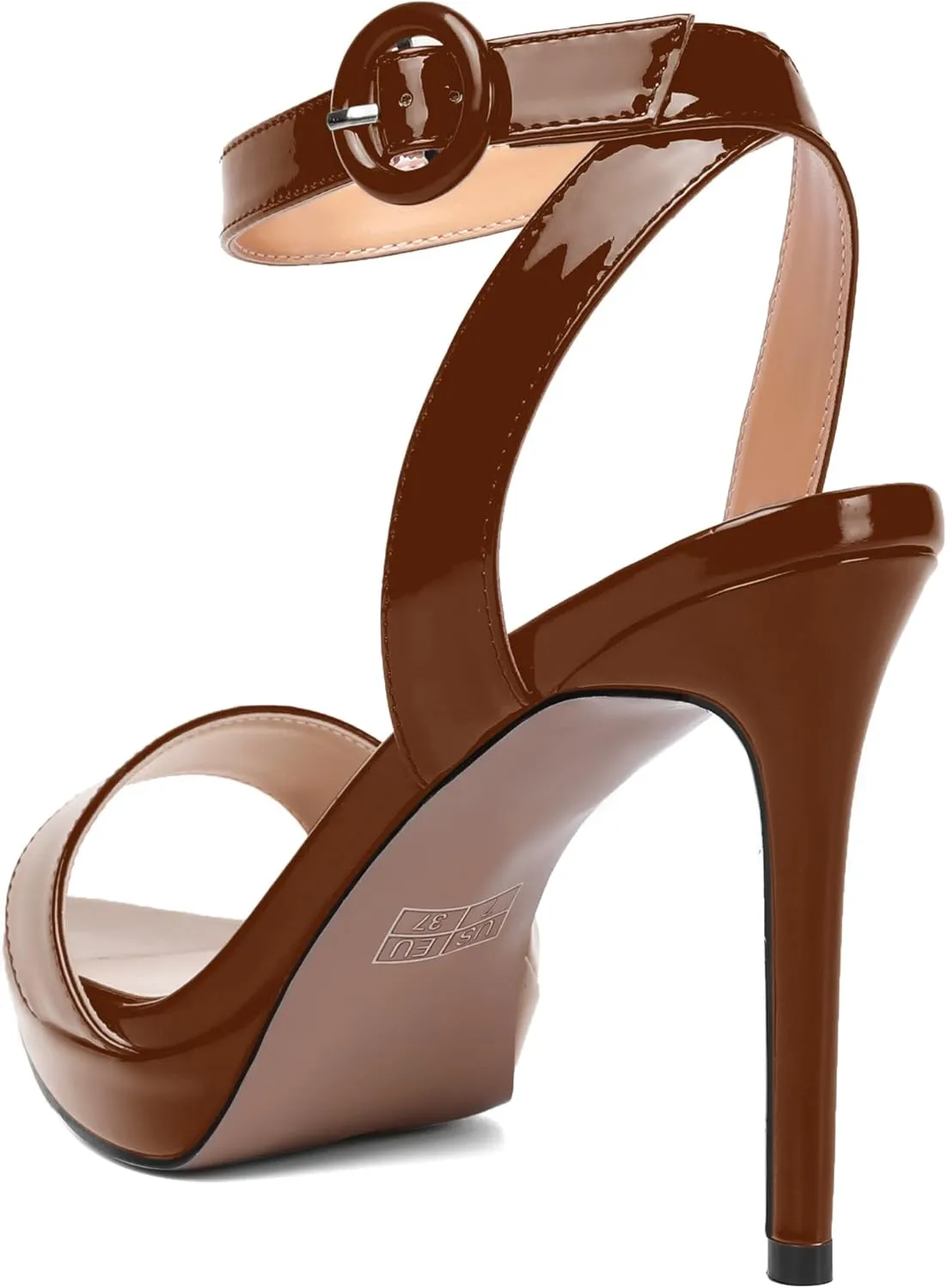 SHOWFOREST Womens Dress Dating Pointed Toe Patent Buckle Ankle Strap Open Toe Solid Stiletto High Heel Heeled Sandals 4 Inch