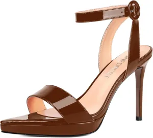 SHOWFOREST Womens Dress Dating Pointed Toe Patent Buckle Ankle Strap Open Toe Solid Stiletto High Heel Heeled Sandals 4 Inch