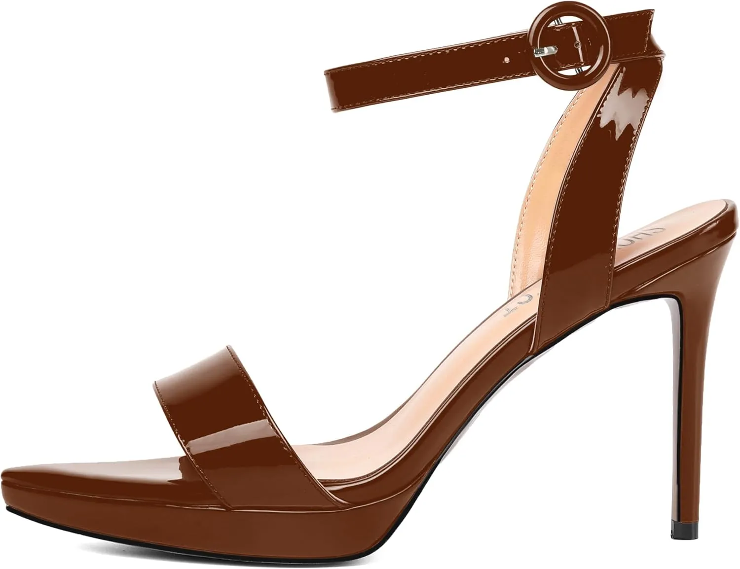 SHOWFOREST Womens Dress Dating Pointed Toe Patent Buckle Ankle Strap Open Toe Solid Stiletto High Heel Heeled Sandals 4 Inch
