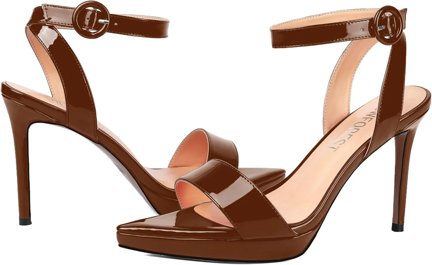 SHOWFOREST Womens Dress Dating Pointed Toe Patent Buckle Ankle Strap Open Toe Solid Stiletto High Heel Heeled Sandals 4 Inch