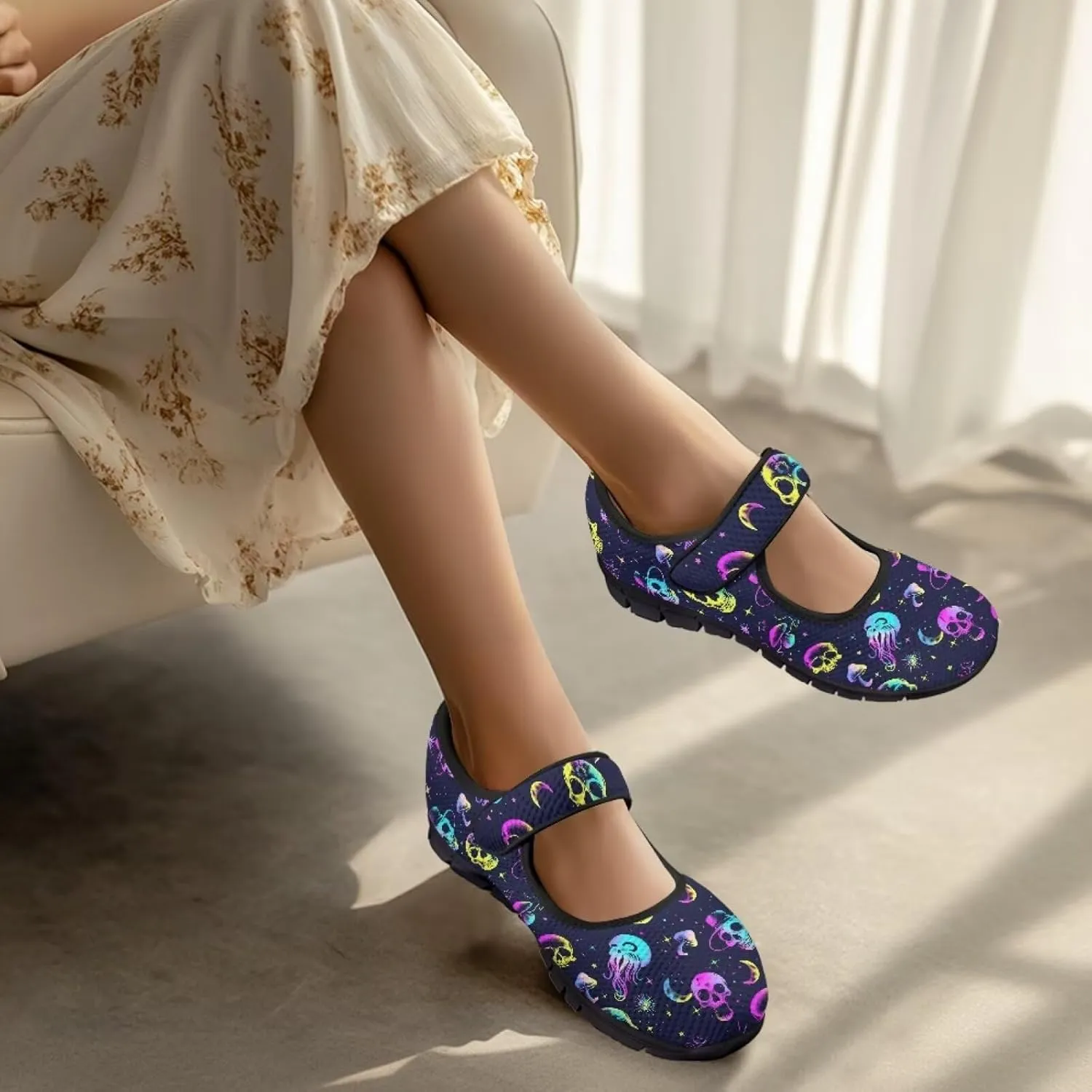 Skull Mary Jane Flats for Women Non Slip Trendy Dress Up Shoes Breathable Daily Dress Ballet Flats Shoes