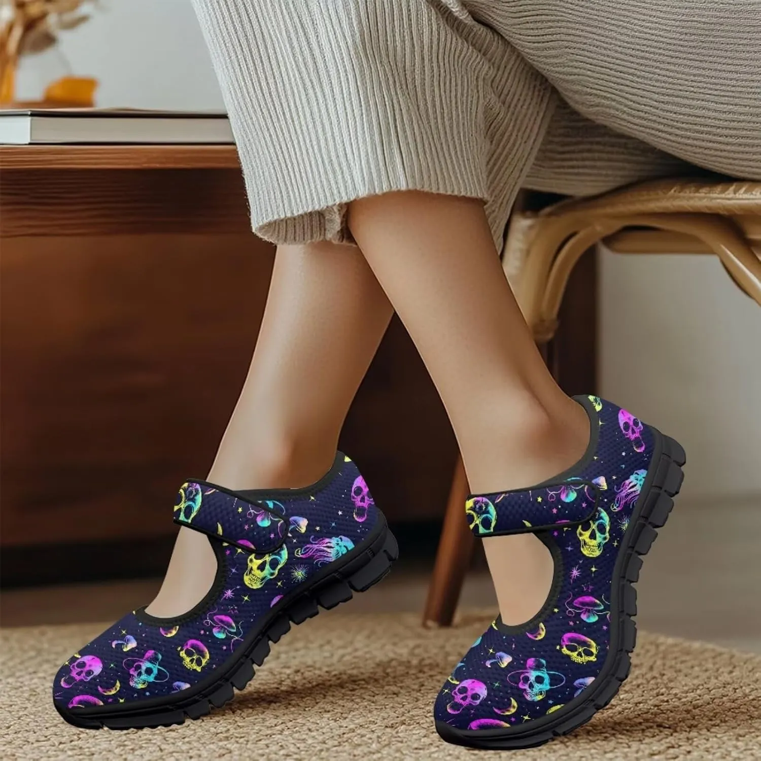 Skull Mary Jane Flats for Women Non Slip Trendy Dress Up Shoes Breathable Daily Dress Ballet Flats Shoes