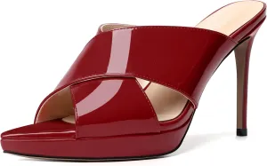 SKYSTERRY Womens Dating Sexy Slip On Patent Peep Toe Platform Stiletto High Heel Heeled Sandals 4 Inch