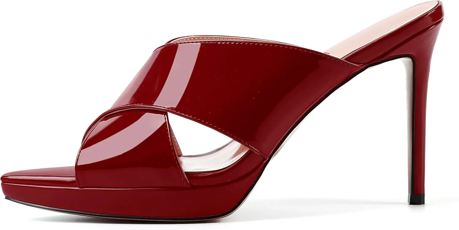 SKYSTERRY Womens Dating Sexy Slip On Patent Peep Toe Platform Stiletto High Heel Heeled Sandals 4 Inch