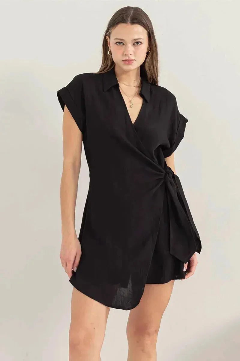 Sleek Collared Side Tie Cuffed Sleeves Wrap-Front Romper