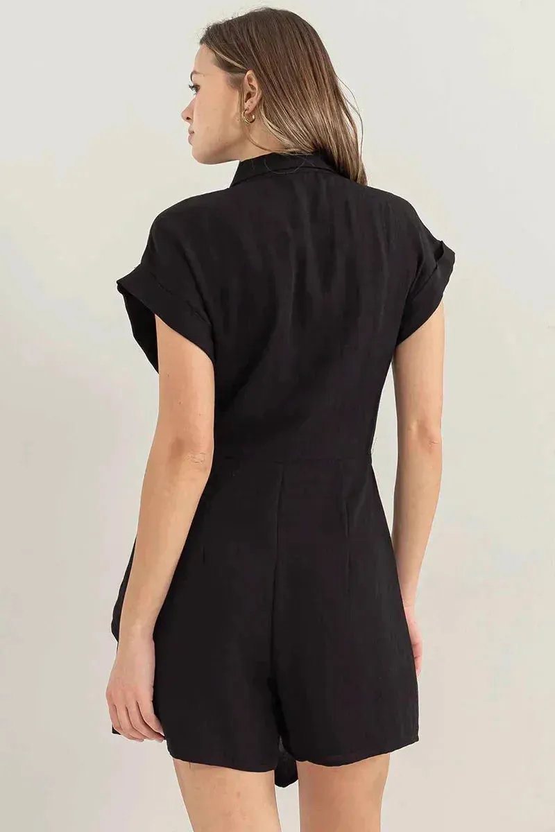 Sleek Collared Side Tie Cuffed Sleeves Wrap-Front Romper