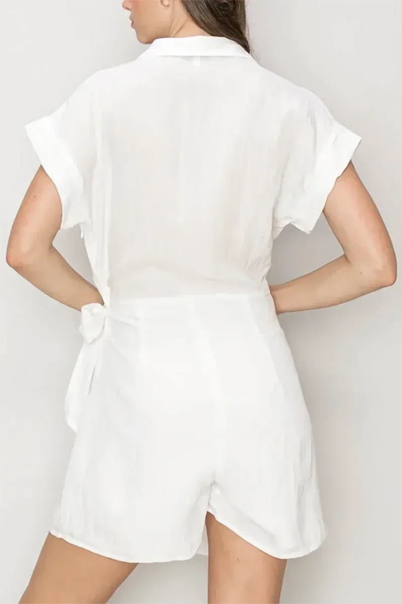 Sleek Collared Side Tie Cuffed Sleeves Wrap-Front Romper