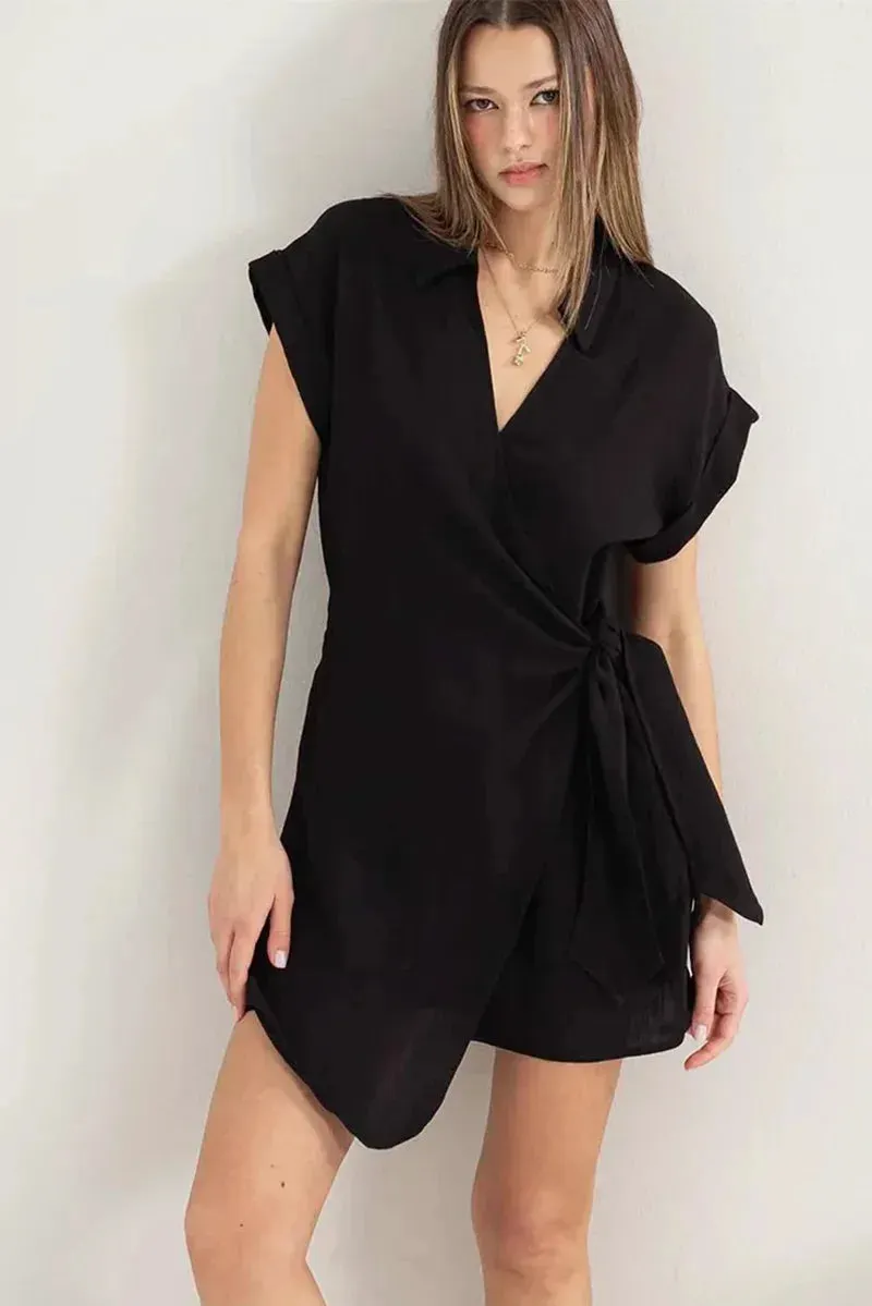 Sleek Collared Side Tie Cuffed Sleeves Wrap-Front Romper