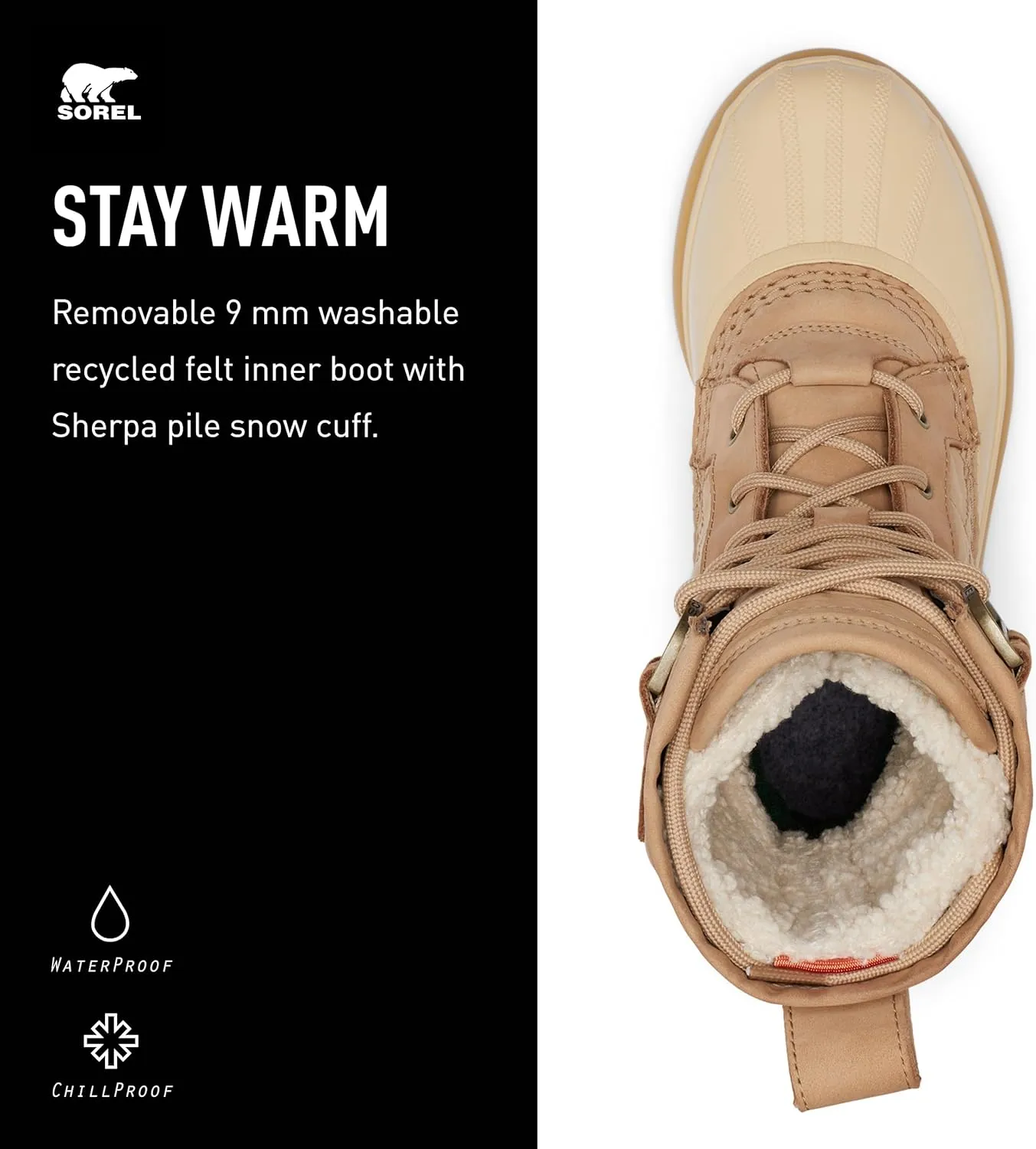 SOREL Women's Caribou Royal Waterproof Boot - Black, Chalk - 10