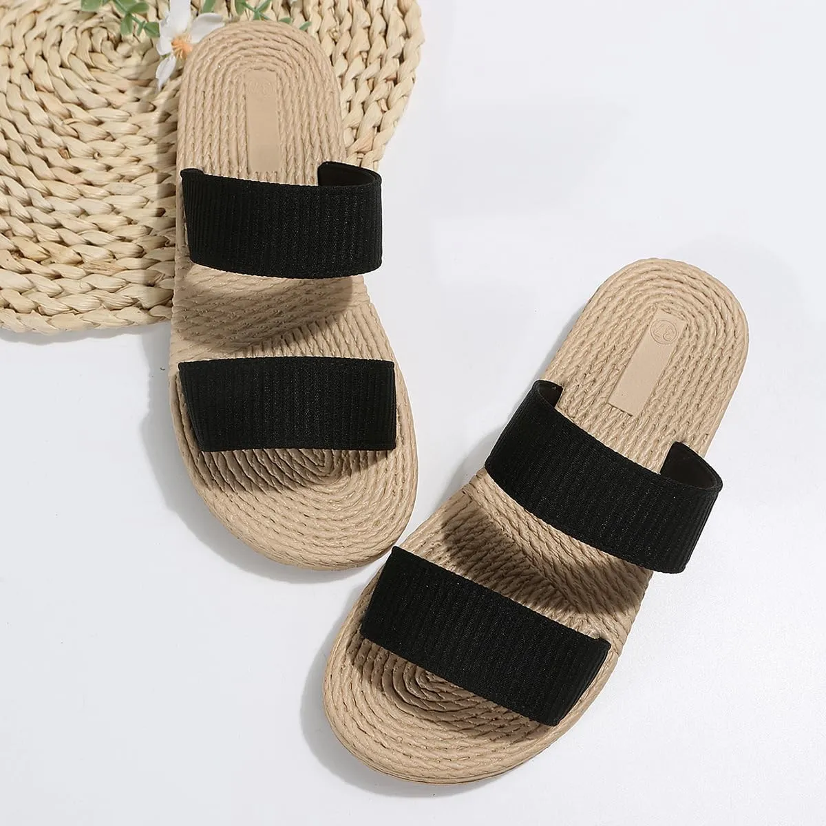 Straw Beach Sandals Summer Strap Slides Slingback Open Toe Flats Woven Outdoor Sandals for Women