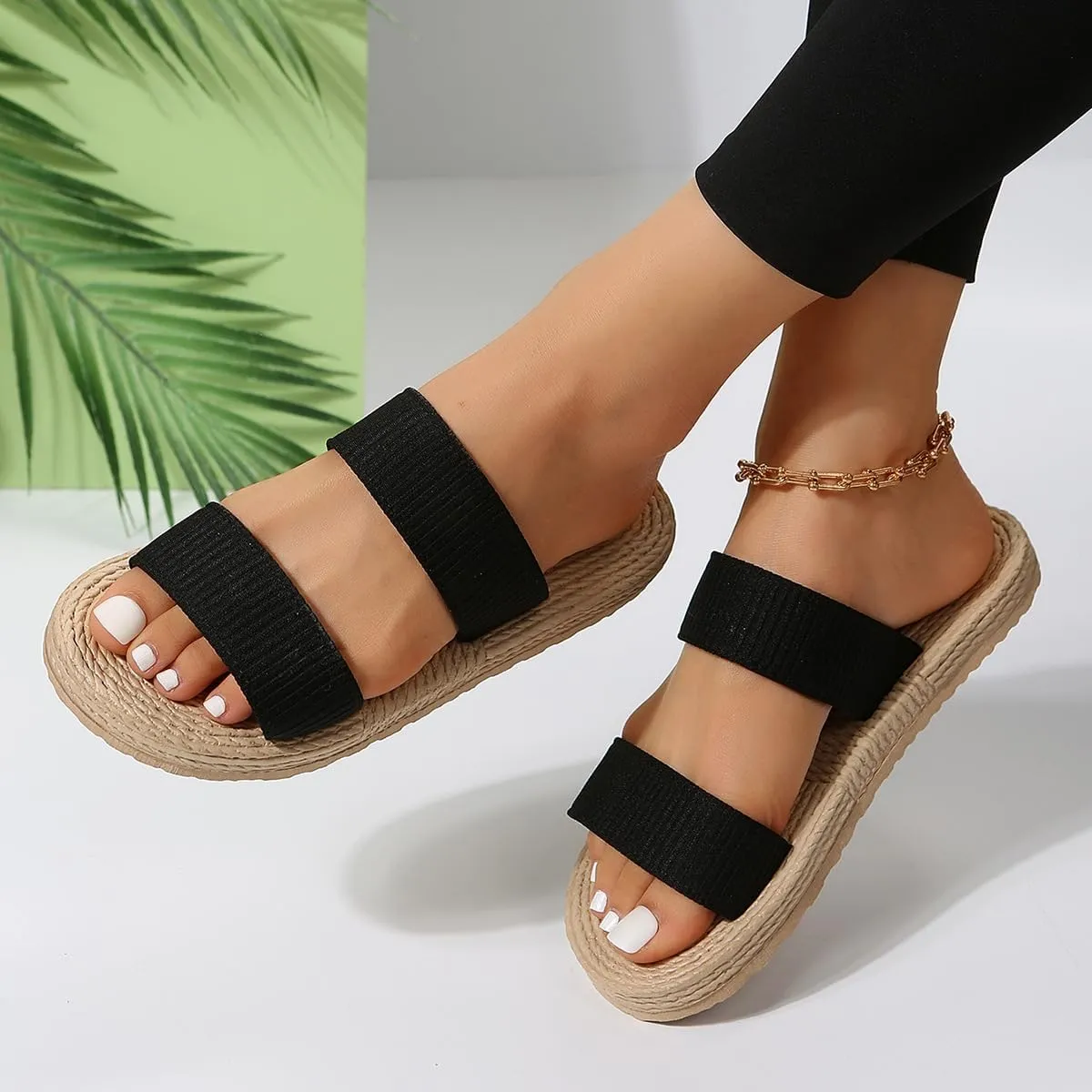 Straw Beach Sandals Summer Strap Slides Slingback Open Toe Flats Woven Outdoor Sandals for Women