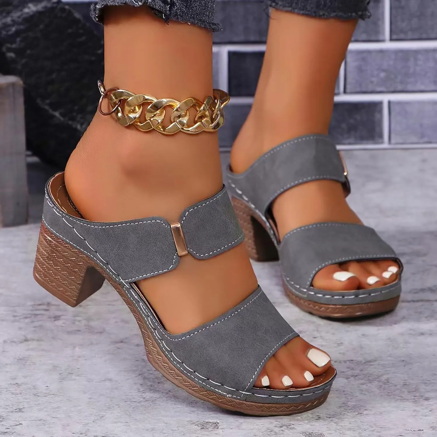 SuanlaTDS Summer Sandals for Women 2025, Women's Chunky Block Heel Dressy Comfortable Slip-on Slide Slippers Mules Walking Shoes Daily Wear Casual High Heels Orthopedic Beach Platform Heeled Sandal