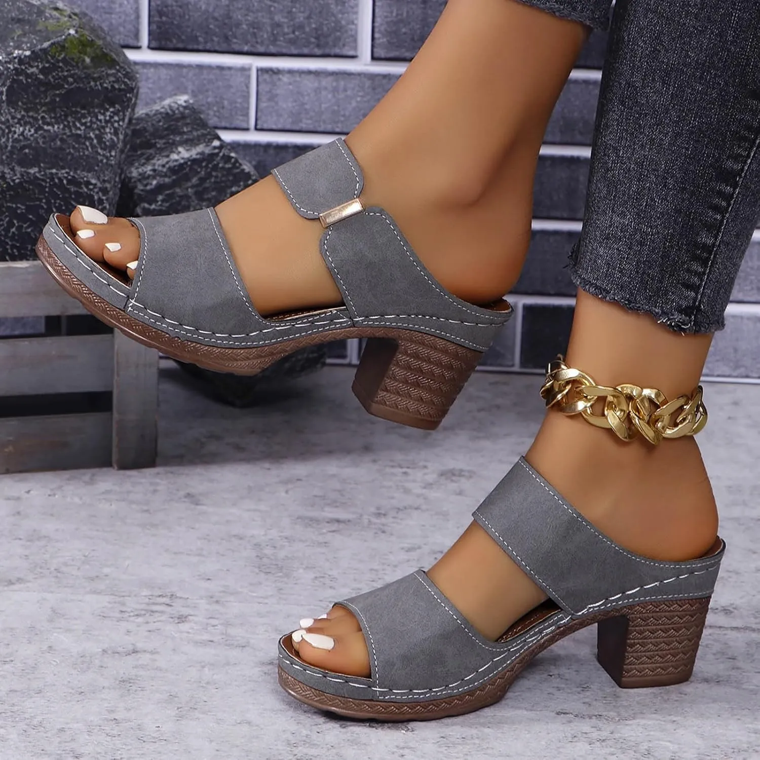 SuanlaTDS Summer Sandals for Women 2025, Women's Chunky Block Heel Dressy Comfortable Slip-on Slide Slippers Mules Walking Shoes Daily Wear Casual High Heels Orthopedic Beach Platform Heeled Sandal