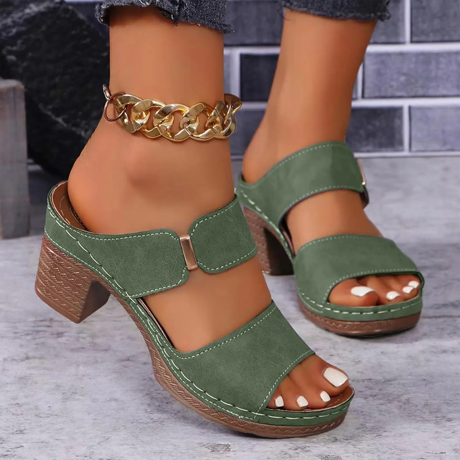 SuanlaTDS Summer Sandals for Women 2025, Women's Chunky Block Heel Dressy Comfortable Slip-on Slide Slippers Mules Walking Shoes Daily Wear Casual High Heels Orthopedic Beach Platform Heeled Sandal