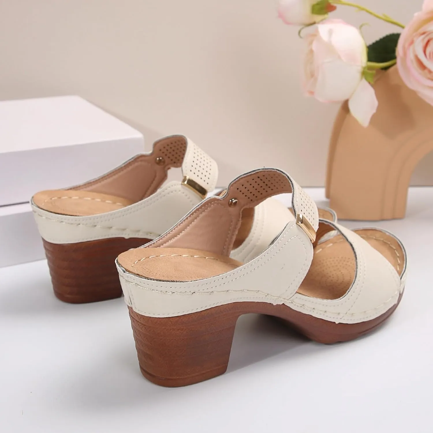 SuanlaTDS Womens Chunky Heels Sandals Platform 2025 Dressy Fashion Slip-on Open Toe Slingback High Block Heel Slides Sandal Mules Comfortable Summer Walking Outdoor Beach Daily Wear Shoes