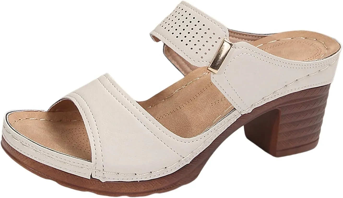 SuanlaTDS Womens Chunky Heels Sandals Platform 2025 Dressy Fashion Slip-on Open Toe Slingback High Block Heel Slides Sandal Mules Comfortable Summer Walking Outdoor Beach Daily Wear Shoes