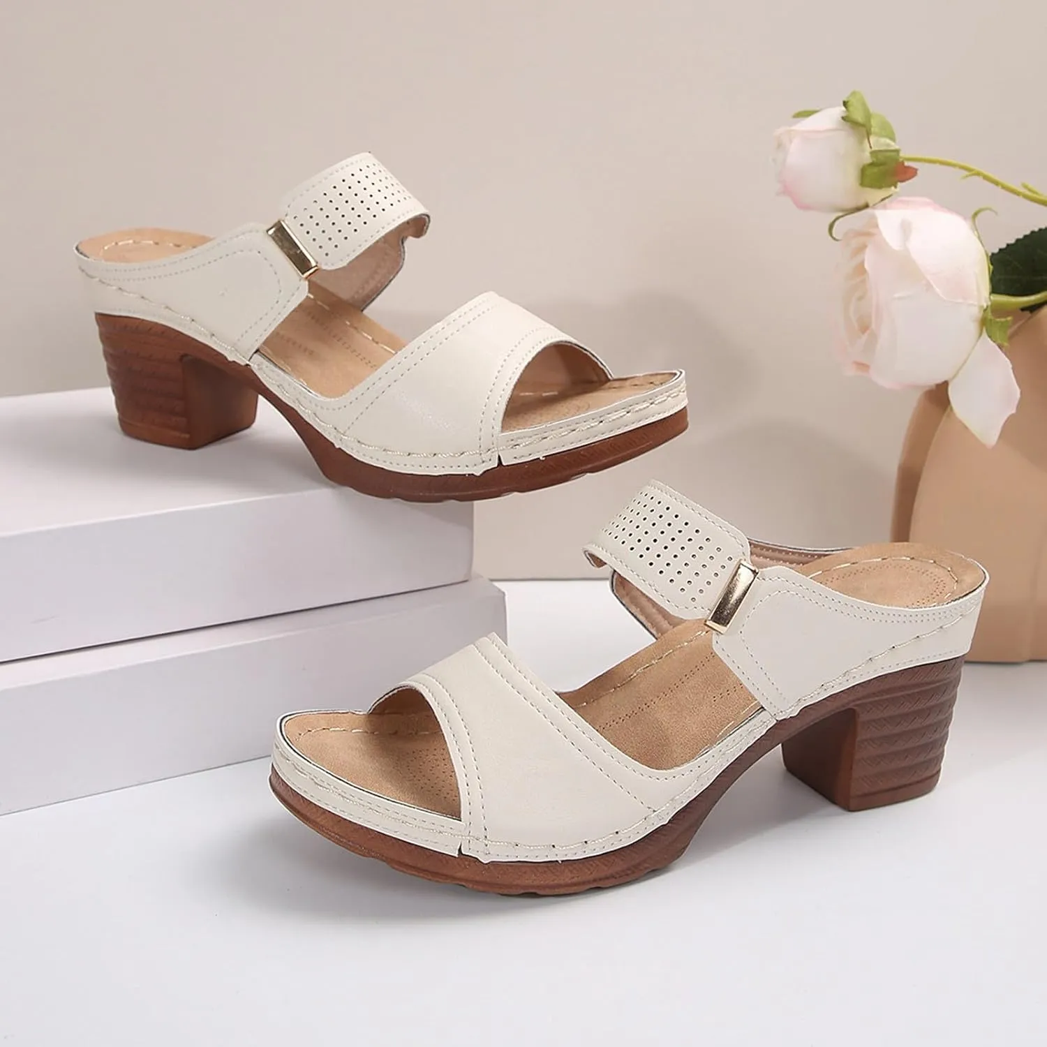 SuanlaTDS Womens Chunky Heels Sandals Platform 2025 Dressy Fashion Slip-on Open Toe Slingback High Block Heel Slides Sandal Mules Comfortable Summer Walking Outdoor Beach Daily Wear Shoes