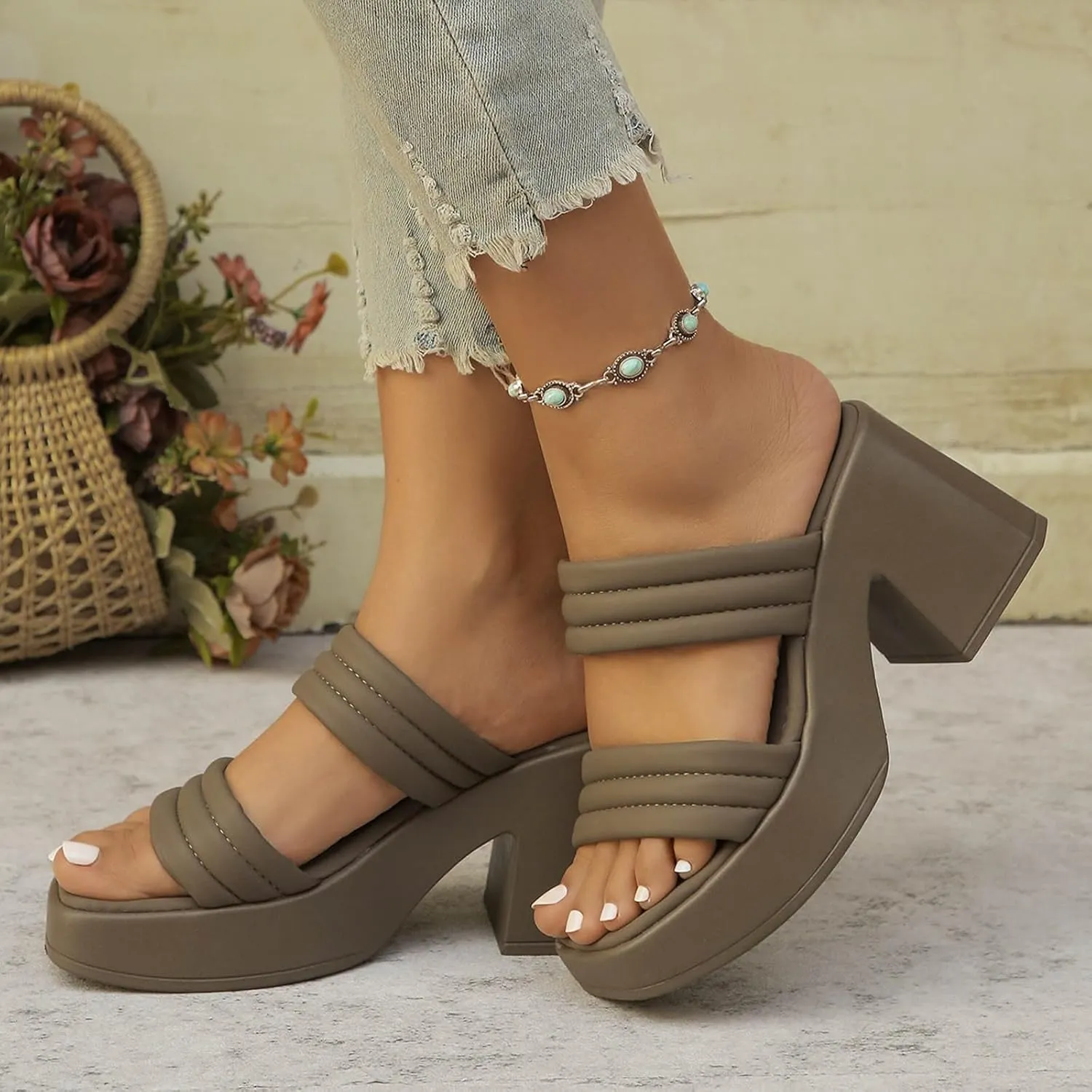 SuanlaTDS Women's Platform Sandals 2025, Comfortable Square Open Toe Chunky Block Heel Slip-on Slide Slippers Mules Dressy Summer Casual High Heels Outdoor Slides Sanadal for Wedding Party