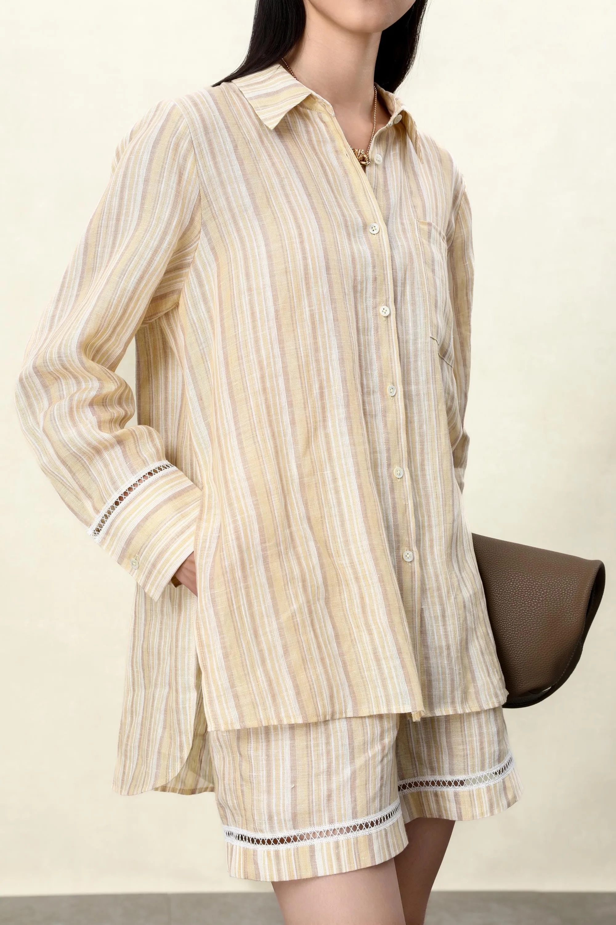 Sunny Yellow Striped Linen Wrap Shirt & Shorts Set: Crinkle-Textured Summer Beachwear Ensemble