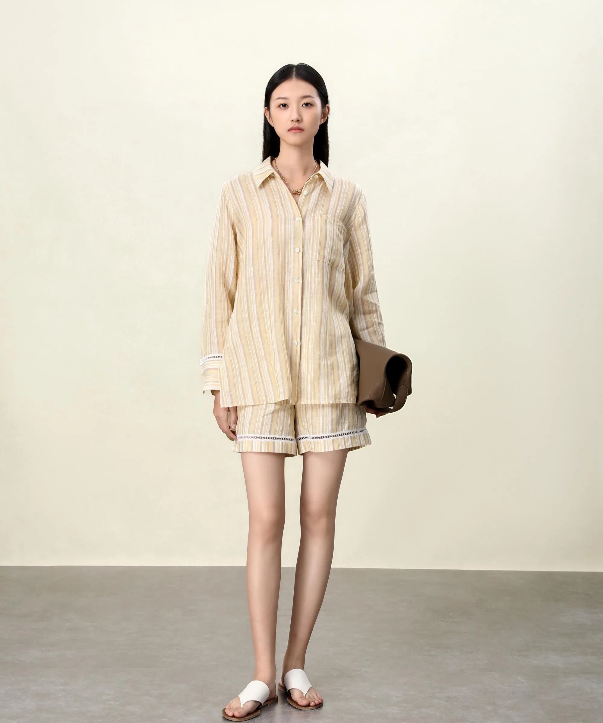 Sunny Yellow Striped Linen Wrap Shirt & Shorts Set: Crinkle-Textured Summer Beachwear Ensemble