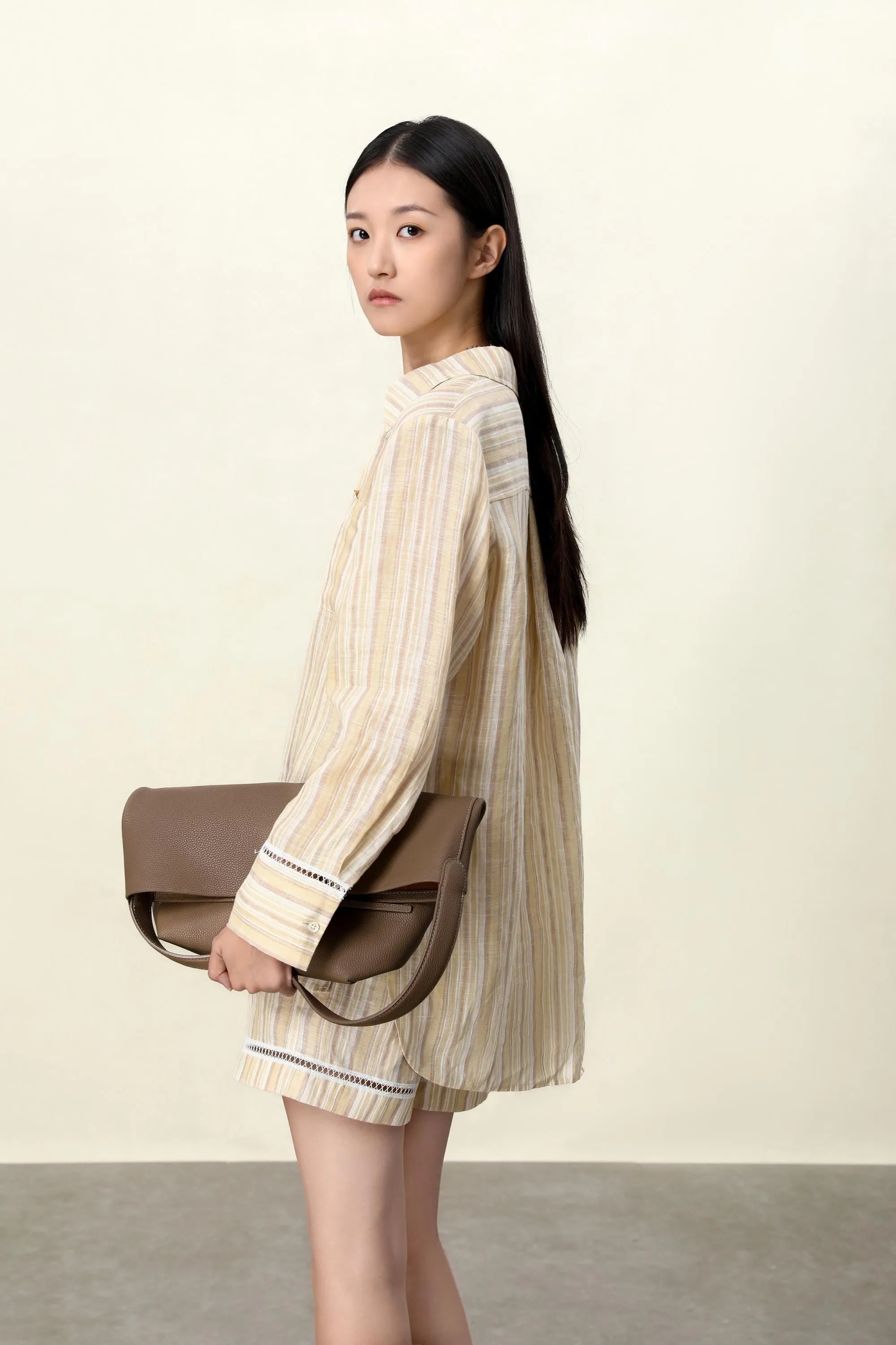 Sunny Yellow Striped Linen Wrap Shirt & Shorts Set: Crinkle-Textured Summer Beachwear Ensemble