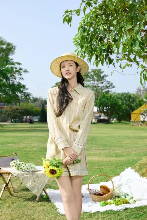 Sunny Yellow Striped Linen Wrap Shirt & Shorts Set: Crinkle-Textured Summer Beachwear Ensemble
