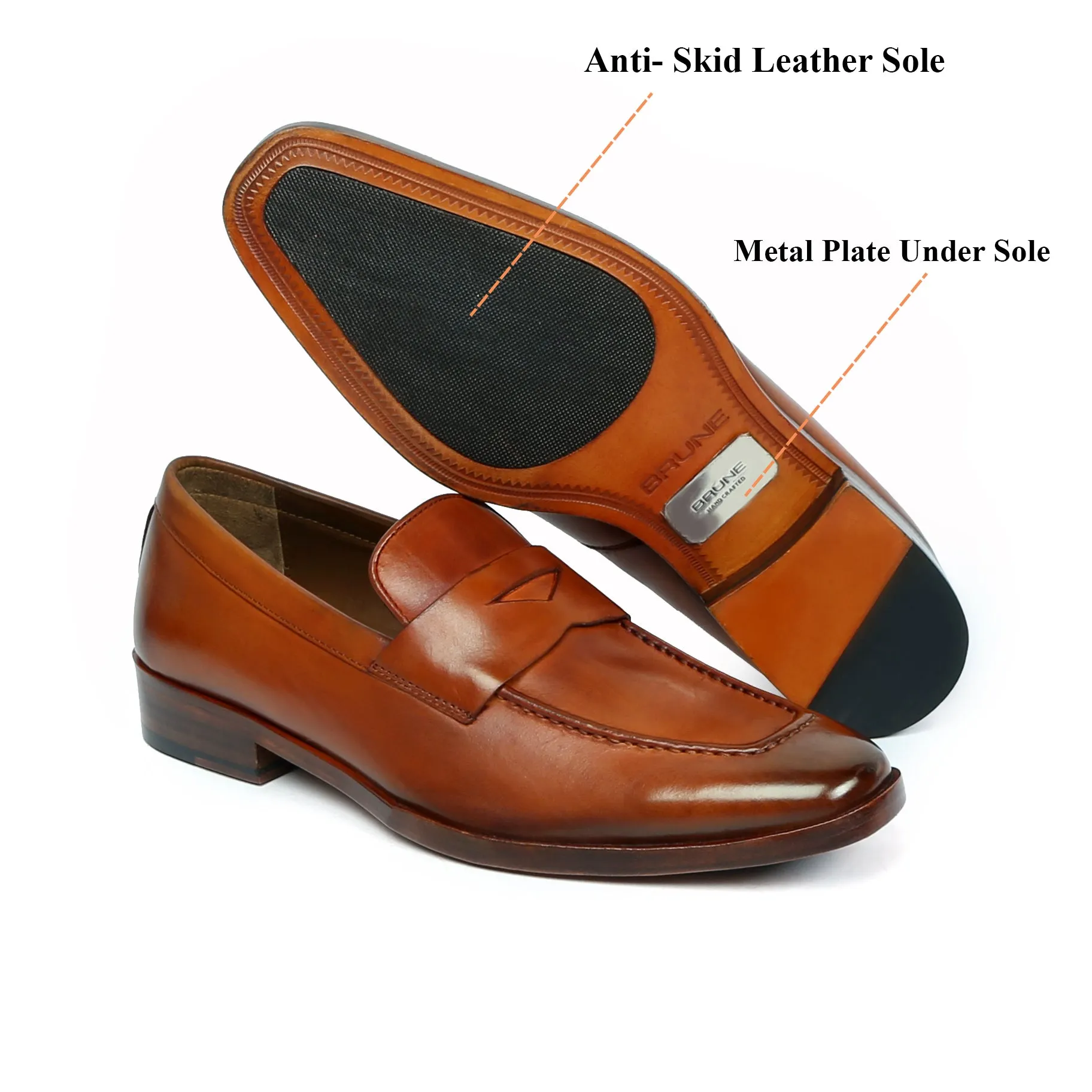 Tan Leather Penny Loafers with Triangular Cut-Strap