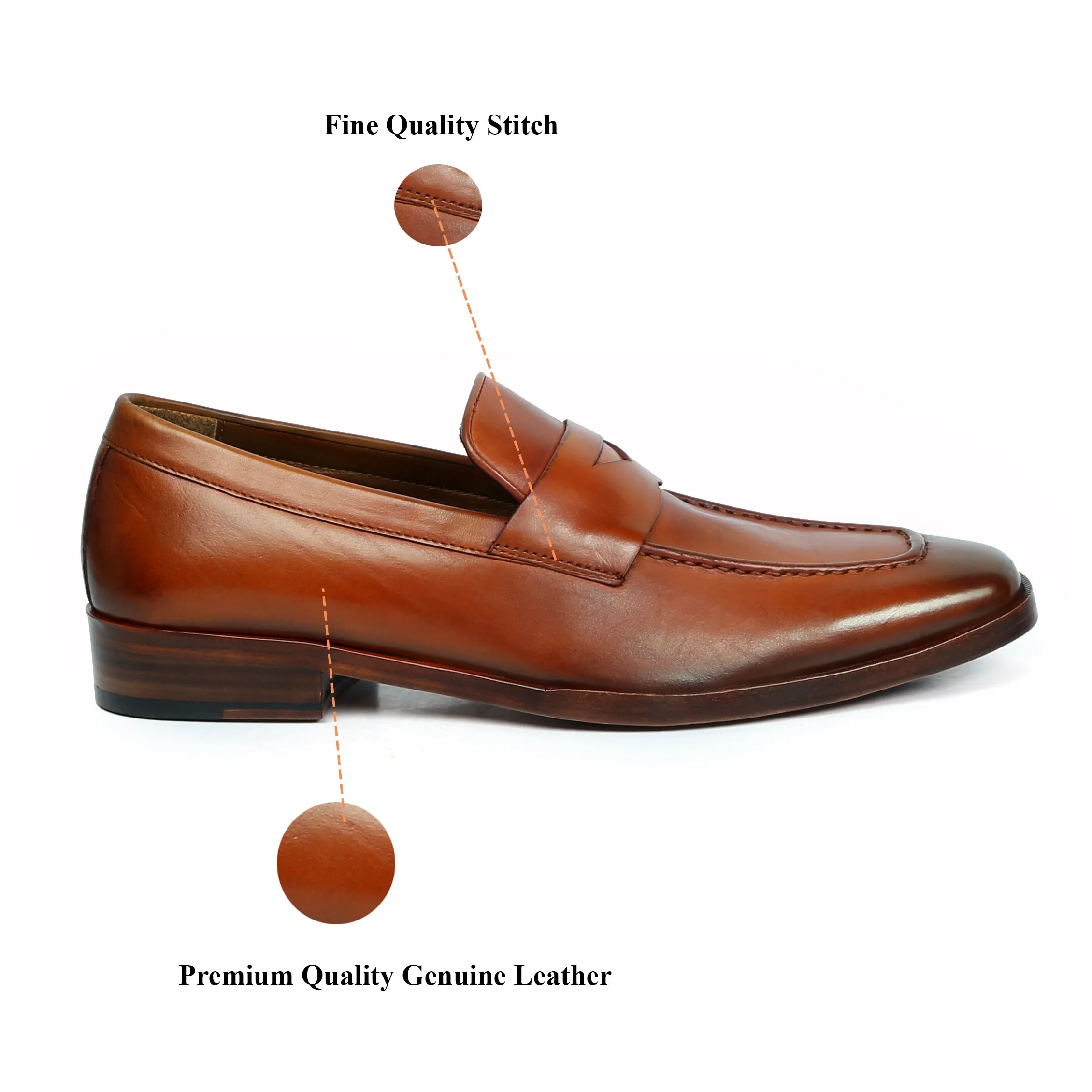 Tan Leather Penny Loafers with Triangular Cut-Strap