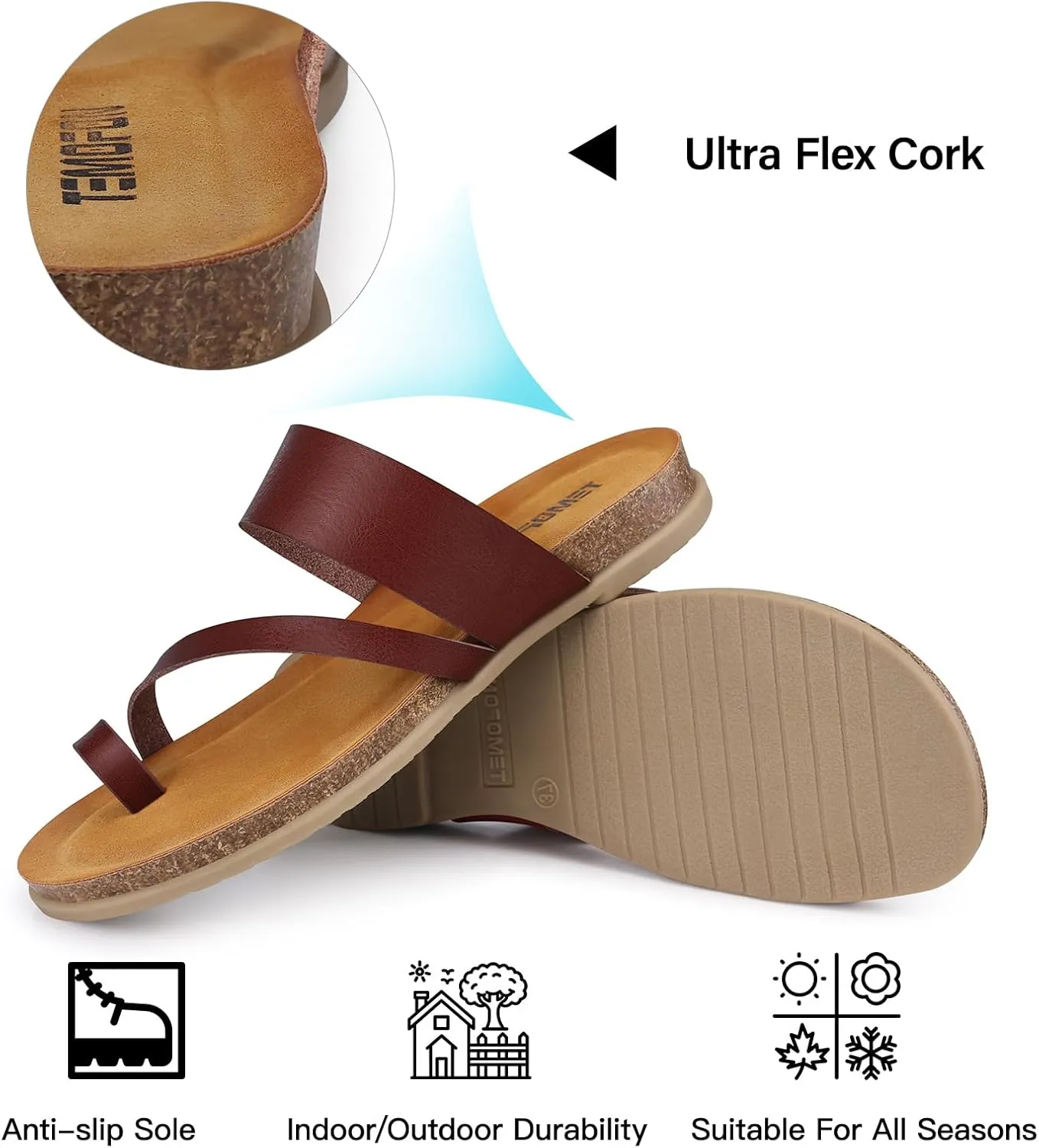 TEMOFON Women Summer Flip Flops: Genuine Leather Sandals, Cork Footbed, Comfortable Arch Support, Black/White/Brown/Nude Thong Sandals Size 5-11
