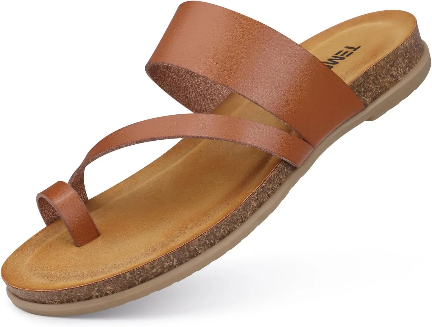 TEMOFON Women Summer Flip Flops: Walking Comfortable Cork - Slide Arch Support Leather Sandals - Brown Dressy Thong Sandals Size 7
