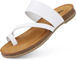 TEMOFON Women Summer Flip Flops: Walking Comfortable Cork - Slide Arch Support Leather Sandals - White Dressy Thong Sandals Size 7