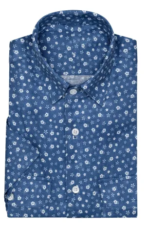 Testa Navy Blue with White Small Hawaiian Flowers Pure Organic Linen